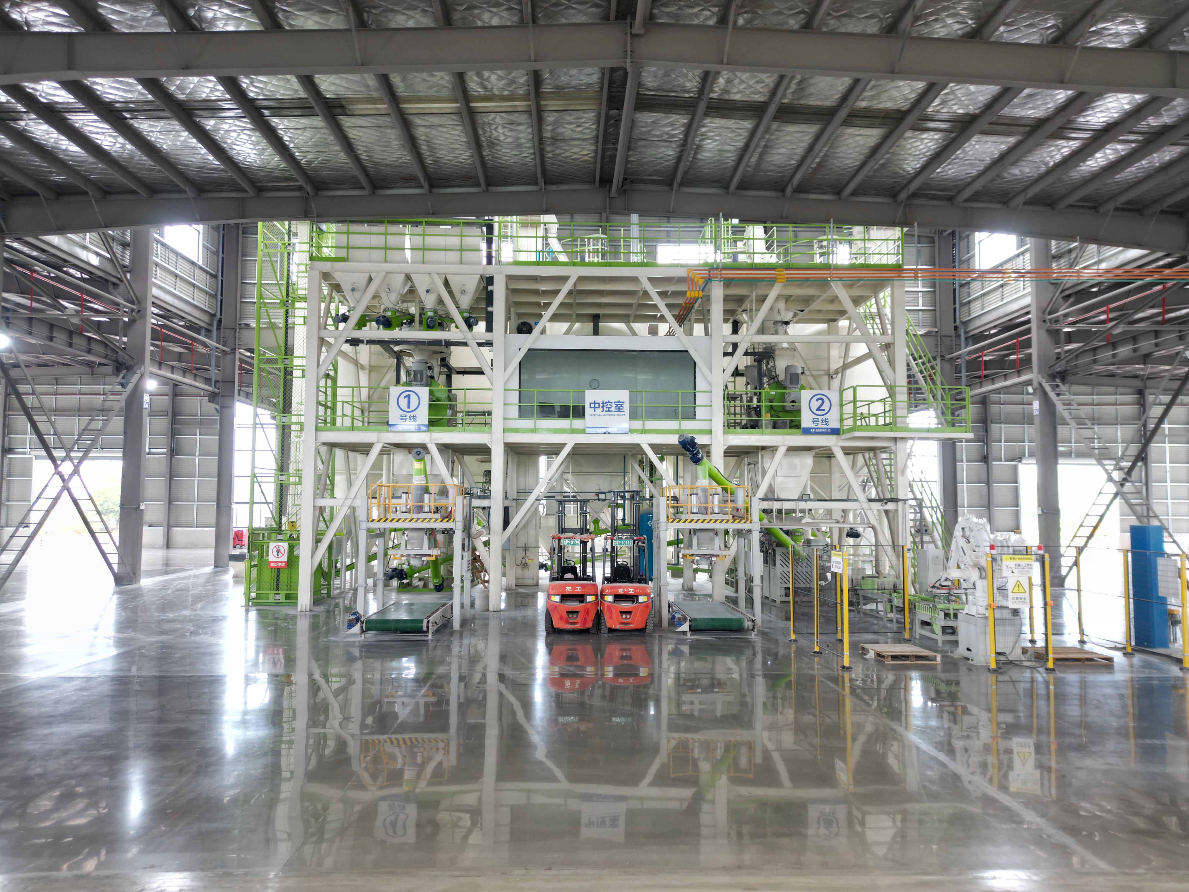 Symmetrical automated production line viewed from the central control room